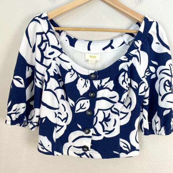 Maeve Anthropologie Womens Small Blue Motif Button Up Crop Top Shirt - Picture 9 of 13